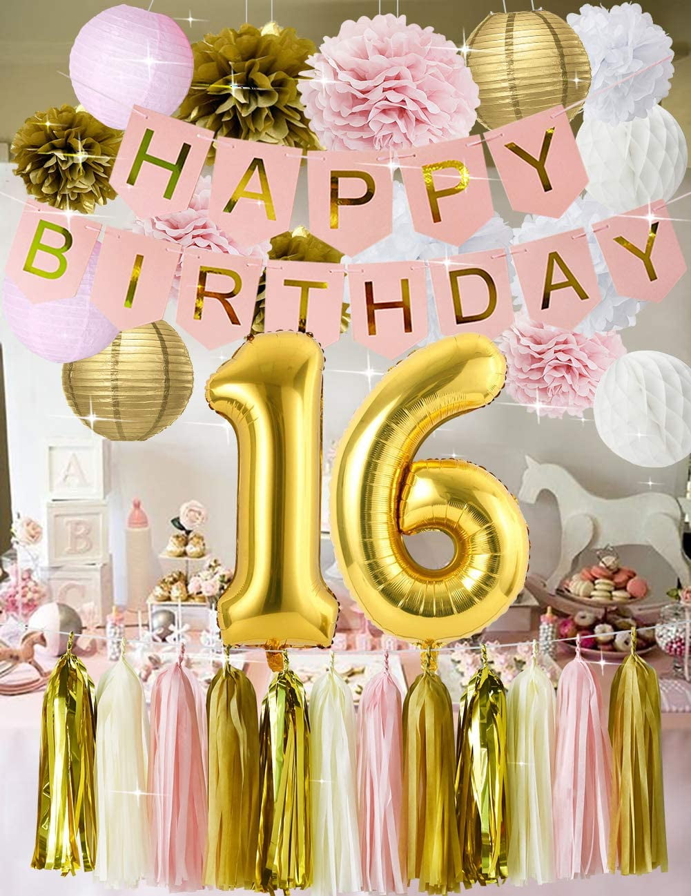 16th Birthday Party Decorations Pink Gold Birthday Decorations for Girls Happy Birthday Banner Paper Party Decorations Gold 16 Foil Balloons 16th Bday Decorations 16 Birthday Party Supplies